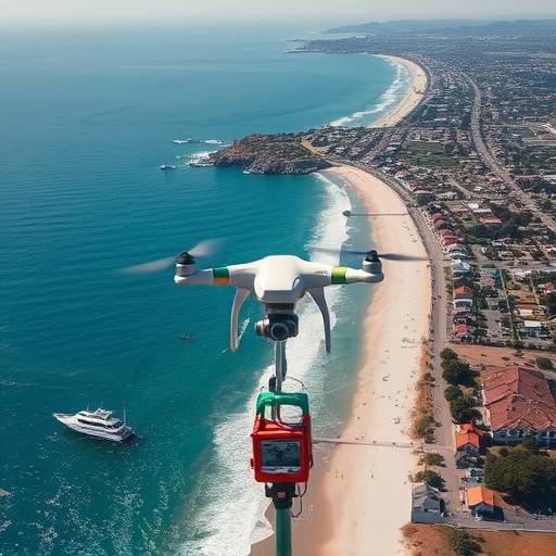 Aerial view of a drone filming along the Dana Point coastline.