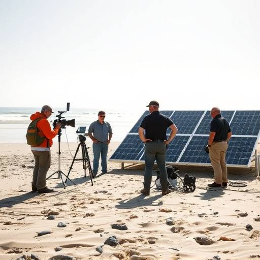 Film crew using solar panels to power equipment on a beach location in Carlsbad, California.
