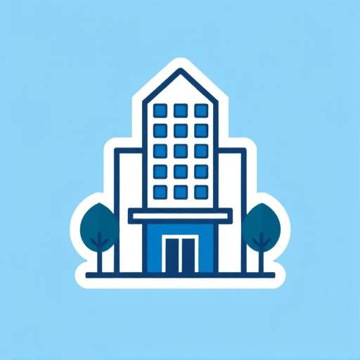Icon representing property management with a stylized building and a key