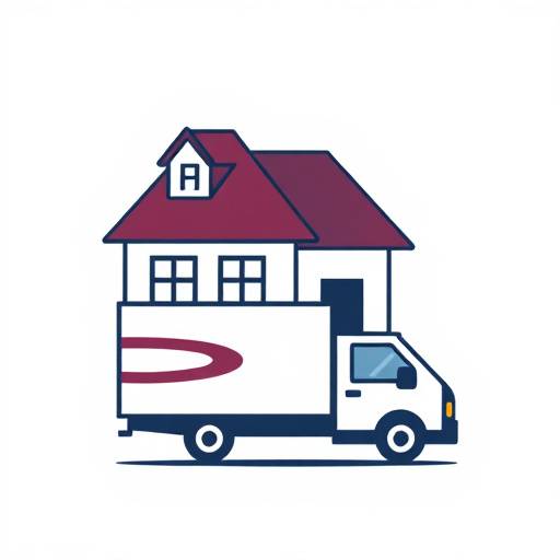 Icon representing relocation assistance with a stylized house and a moving truck