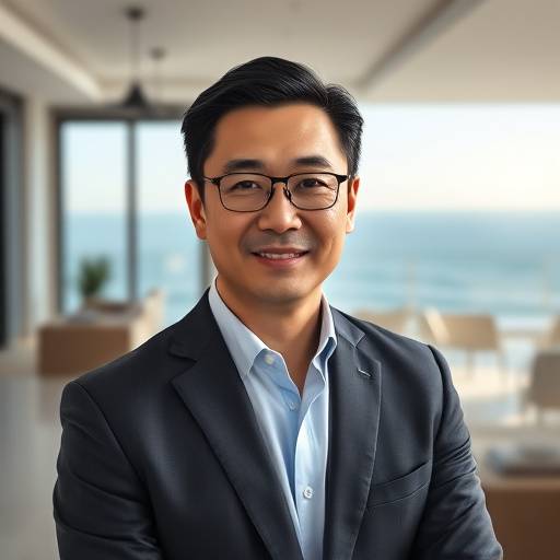 Portrait of David Chen, Investment Consultant at Coastal Escapes Realty, standing in front of a luxury coastal home.