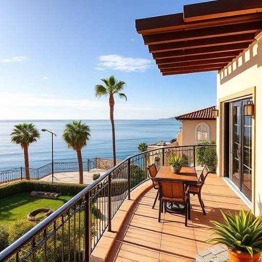 Spanish-style villa in Dana Point, California, featuring an expansive balcony with panoramic ocean views and lush landscaping.