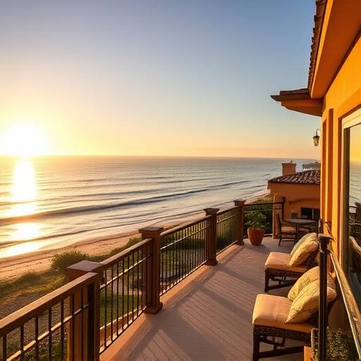 Spanish-style villa in Dana Point, California with ocean views from the balcony.